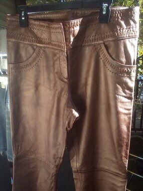 Cache Bronze Metallic Genuine Leather Pants Size: 12